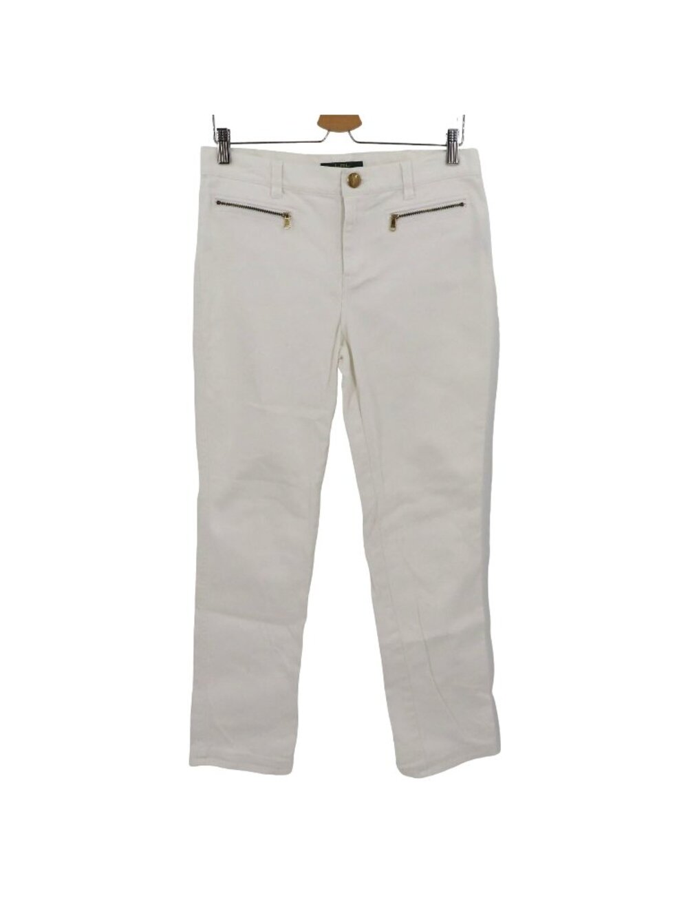 LRL Ralph Lauren Womens 6 White Denim Straight Leg Jeans Gold Button Zip Pockets